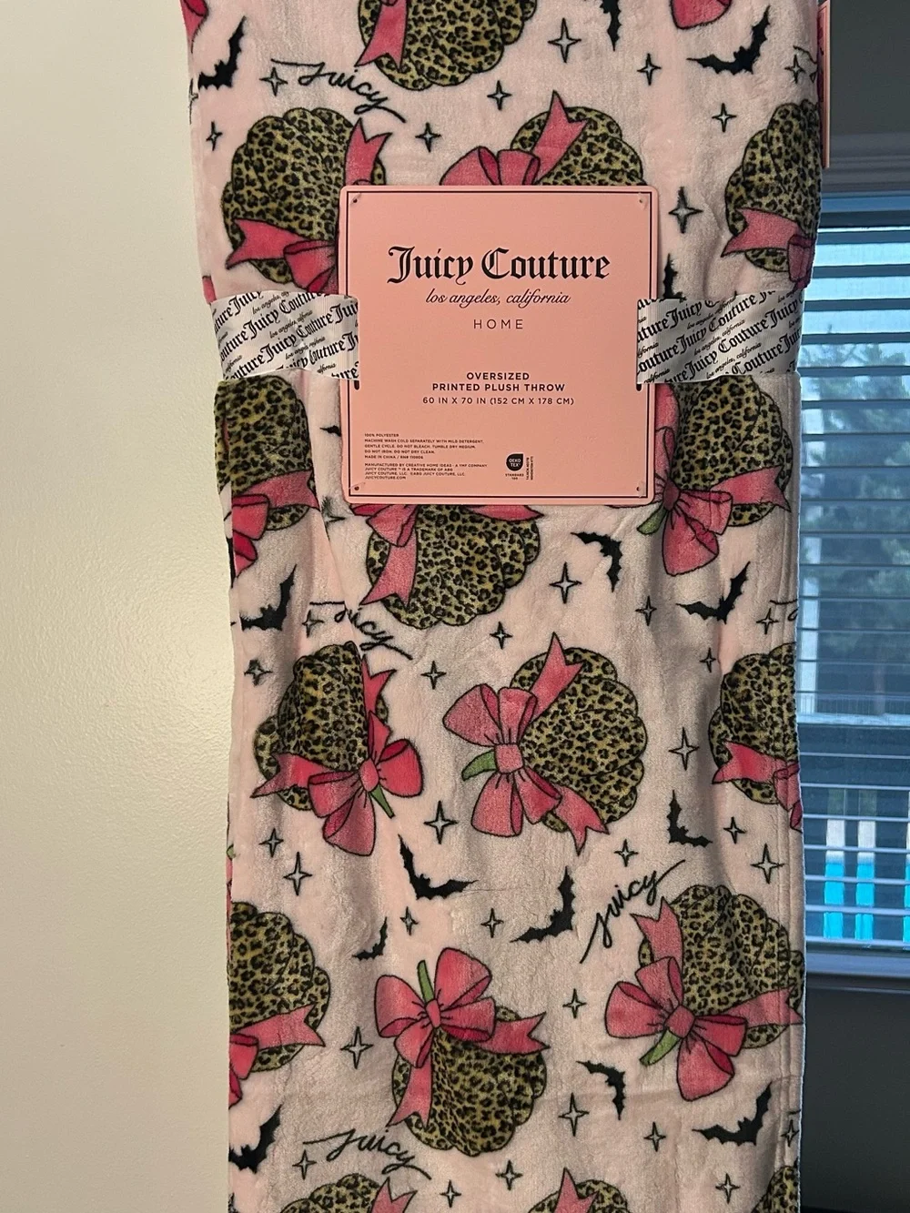 Juicy Couture Pink Plush Throw with Leopard Heart & Bow Print
